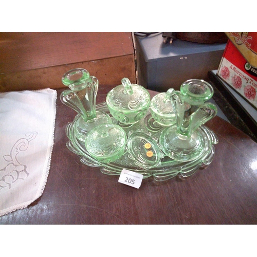 205 - Green Glass Dresssing Table Bagley Set