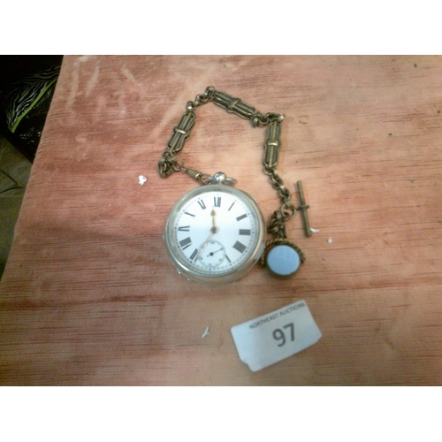 97 - Early 20th Century Half Hunter Enamelled Faced Pocket Watch with Chain & Fob