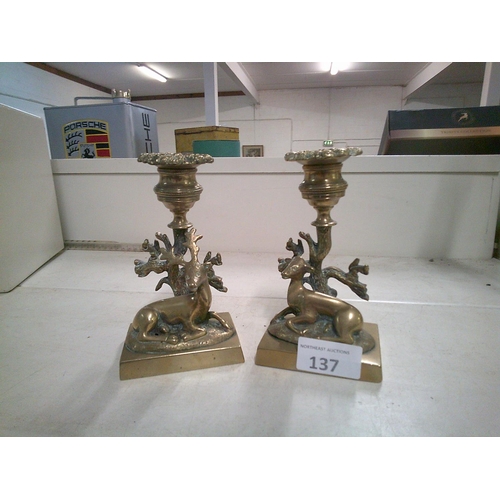 137 - 2 Heavy Brass Deer Candle Holders