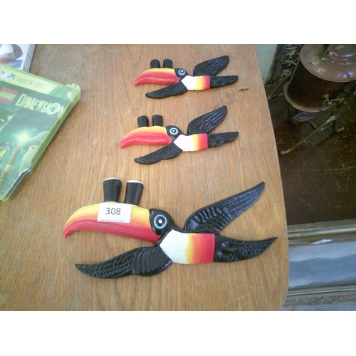 308 - Cast Iron Guinness Toucan Wall Hangings x 3