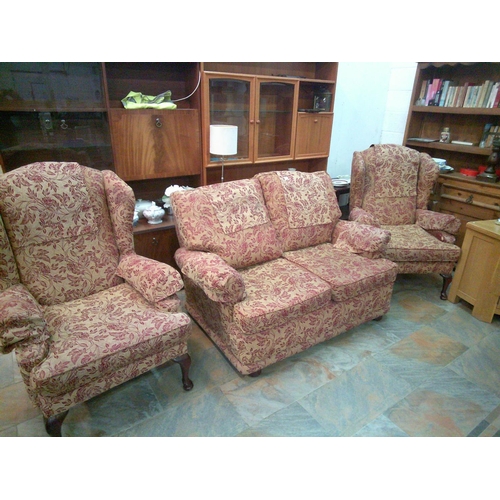 420 - 2 Seater Sofa with Matching Pair of Queen Anne Style Wing Back Chairs (vgc)