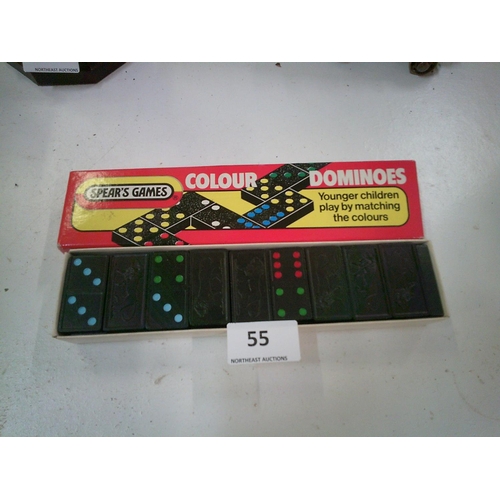 55 - Vintage Toy Game Box of Dominoes (Wooden Ebony Black & Colour Dots)