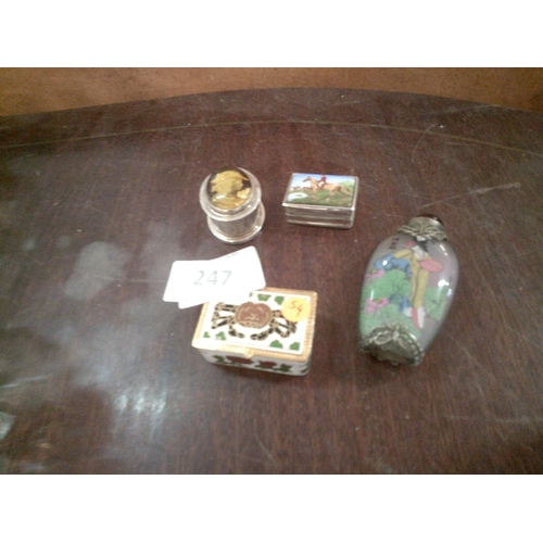 247 - 3 Pill/Snuff Boxes & Vintage Perfume Bottle