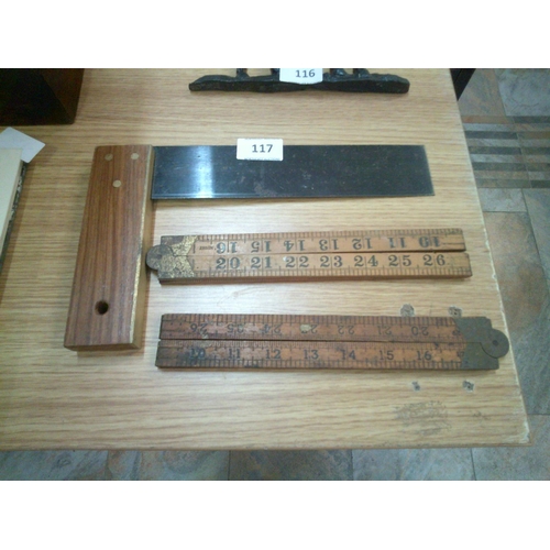117 - Vintage Set Square & 2 Brass Trim Vintage Measuring Rules