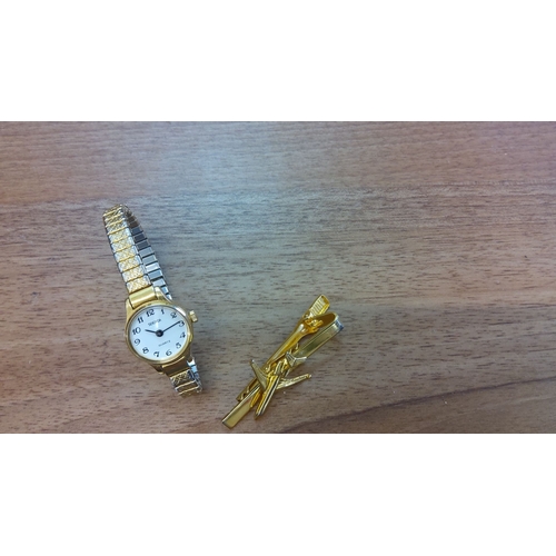 107 - Sekonda Quartz wristwatch with gold-tone metal bracelet and white dial. Also includes a gold-tone ti... 