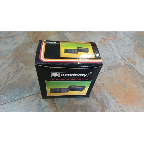 112 - Academy 3-Way Bass Reflex Car Speaker System, model AG50, in original packaging.