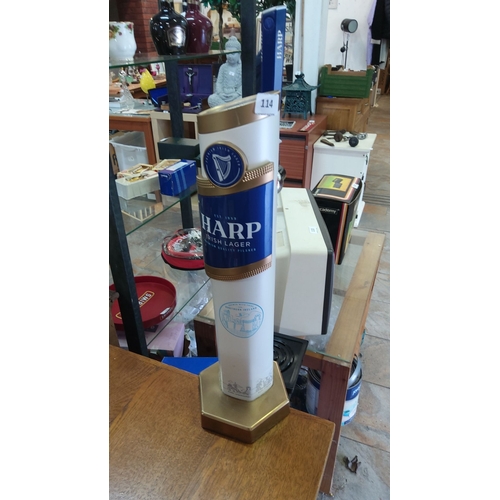 114 - Vintage Harp Lager beer tap dispenser with a base, featuring the Harp Irish Lager logo.