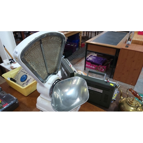 116 - Vintage white metal shop scale with a large stainless steel weighing bowl and mechanical weight disp... 