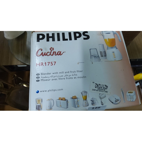 128 - Philips Cucina Blender, model HR1757. Includes mill and fruit filter. Boxed item with break-resistan... 