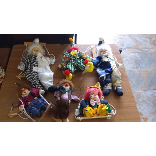 167 - Collection of Six Vintage Clown Dolls/puppets with various colorful outfits and unique expressions. ... 