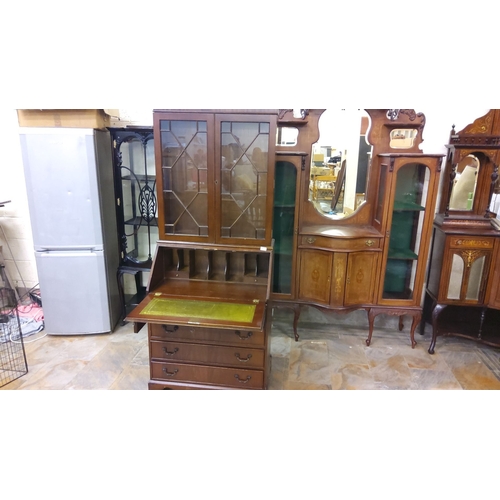 183 - Edwardian mahogany bureau bookcase with glazed upper doors. Features a drop-front writing desk with ... 