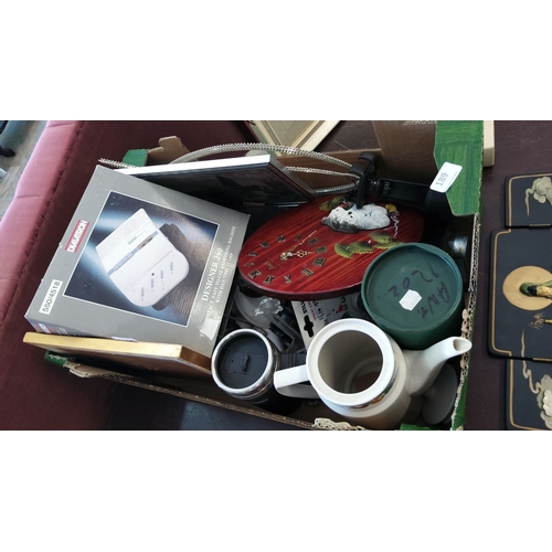 189 - Box of various items,includes a Daitron Designer 240 Telephone Answering Machine, wall clock with de... 