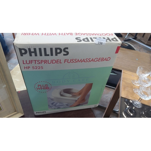 198 - Philips Foot Massage Bath, model HP 5225. Features air bubble massage and whirl function. Boxed.