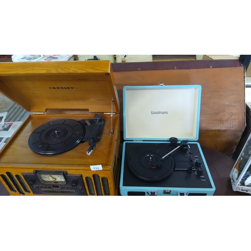 233 - Crosley wooden turntable and a light blue Goodmans turntable. Both are untested