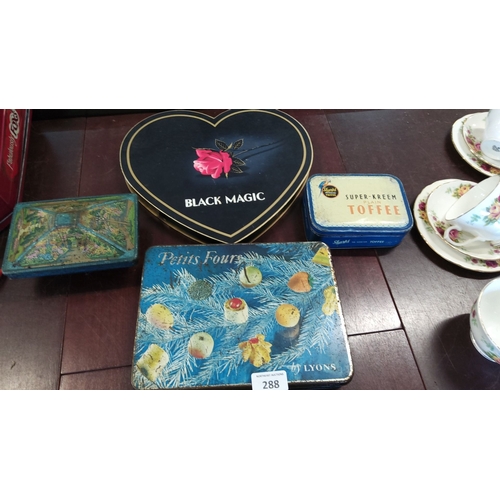 288 - Set of vintage tins including Black Magic heart-shaped Cardboard Box, Sharps Super-Kreem Toffee tin,... 