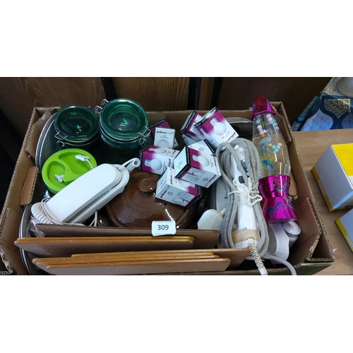 309 - Mixed lot containing glass jars with green lids, boxes of Pluslite light bulbs, white corded telepho... 