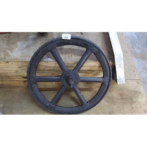 405 - Vintage cast iron wheel with five spokes. Likely from industrial machinery or farm equipment. Early ... 