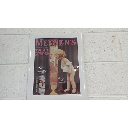 442 - Framed vintage Mennen's Borated Talcum Toilet Powder advertisement poster featuring a child and a pr... 