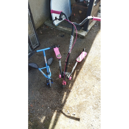 445 - Two Sporter scooters, one black and pink with a front hand brake and one blue and black.