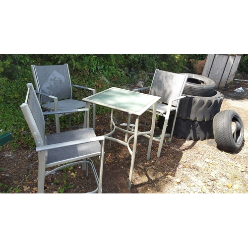 456 - Four-piece tall outdoor dining set featuring a square glass-top table and three mesh chairs with met... 