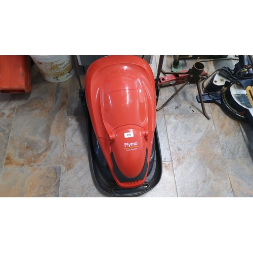 493 - Flymo EasiGlide 300 hover lawnmower in red, featuring a convenient handle and electric cord.