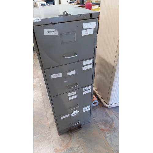 496 - Vintage metal filing cabinet with 4 drawers and label slots.