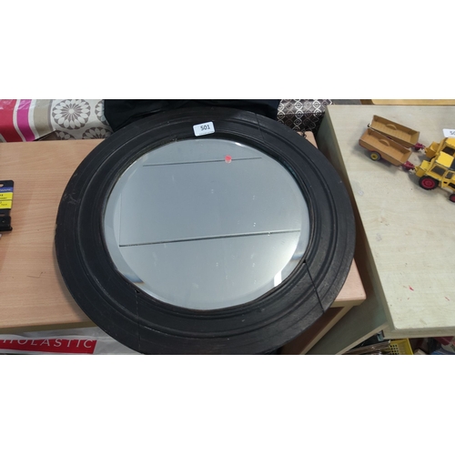 501 - Vintage Round mirror with a black wooden frame.