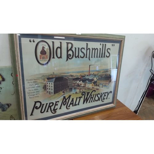 87 - Framed Old Bushmills Pure Malt Whiskey advertisement.Features detailed illustration of distillery.(3... 