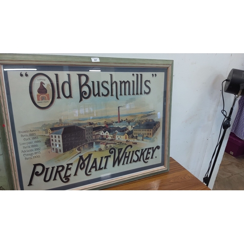 87 - Framed Old Bushmills Pure Malt Whiskey advertisement.Features detailed illustration of distillery.(3... 