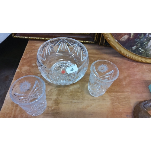 93 - Cut crystal bowl with a matching pair of cut crystal tumblers, featuring intricate starburst and lin... 