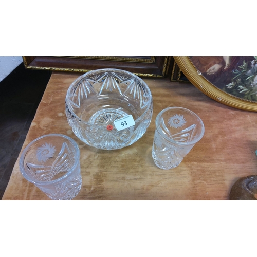 93 - Cut crystal bowl with a matching pair of cut crystal tumblers, featuring intricate starburst and lin... 