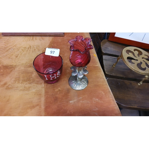 97 - Ruby red glass bowl and vase on intricate silver-plated base, featuring religious 