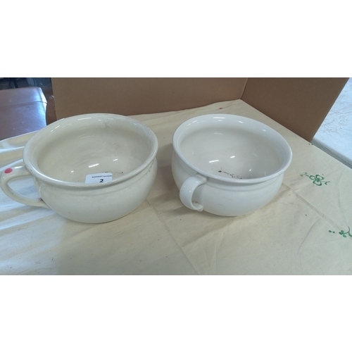 2 - Pair of vintage white ceramic chamber pots with handles. Simple design, likely from the early 20th c... 