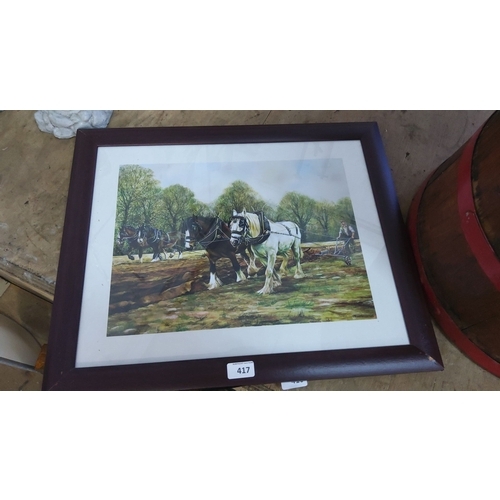 417 - Framed print depicting two horses pulling a plough in a pastoral setting. Dimensions approximately 1... 