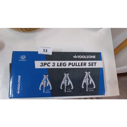 53 - Toolzone 3PC 3 Leg Puller Set. Includes 3 inch, 4 inch, and 6-1/4 inch spread pullers. Packaged in t... 