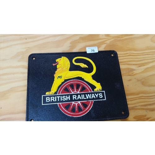 76 - Vintage British Railways cast iron sign featuring the iconic lion motif, painted in vivid yellow and... 