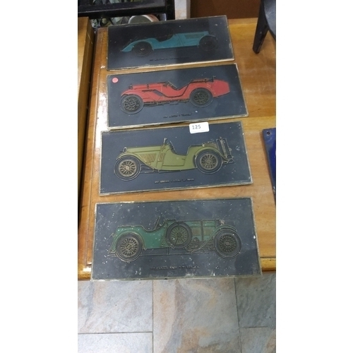 125 - Set of four etched plaques with vintage automobile designs. Each plaque features a distinct classic ... 