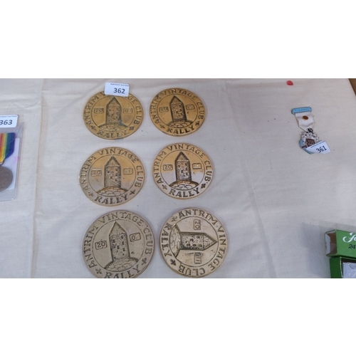 362 - Set of six Antrim Vintage Club Rally medallions, all displaying a distinctive tower emblem and year ... 