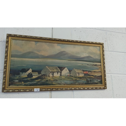 1 - Oil painting depicting a coastal village scene by O'Brien, framed with an ornate gold-tone frame.