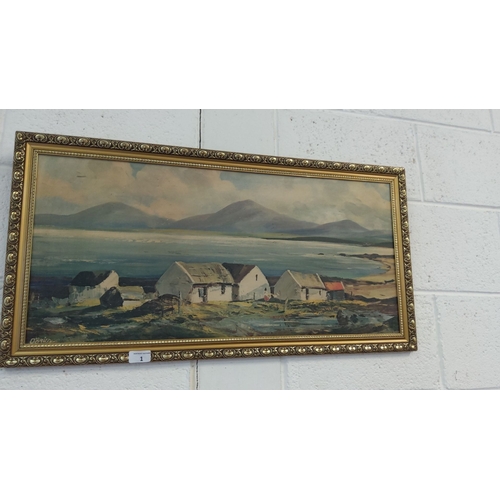 1 - Oil painting depicting a coastal village scene by O'Brien, framed with an ornate gold-tone frame.