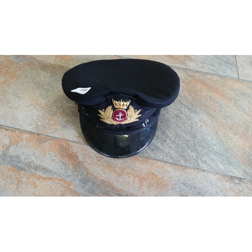 116 - Vintage navy officer's hat with gold embroidered crown and anchor insignia on a black visor and band... 