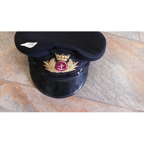 116 - Vintage navy officer's hat with gold embroidered crown and anchor insignia on a black visor and band... 