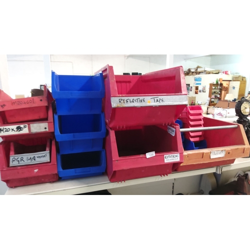 138 - Mixed lot of 14 plastic storage bins in various sizes and colors, including red and blue, mainly fro... 