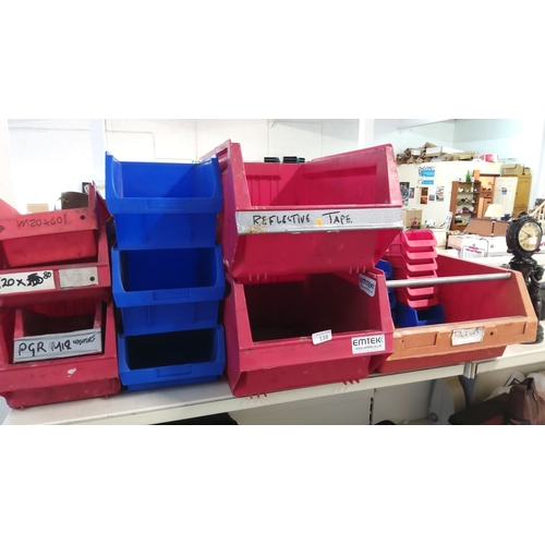 138 - Mixed lot of 14 plastic storage bins in various sizes and colors, including red and blue, mainly fro... 