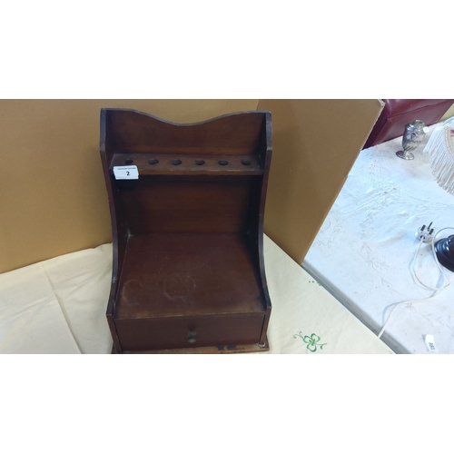 2 - Vintage mahogany pipe rack with cubby hole and drawer.