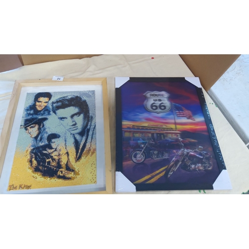 21 - Two mixed media artworks featuring iconic American themes. One artwork displays Route 66 with a moto... 