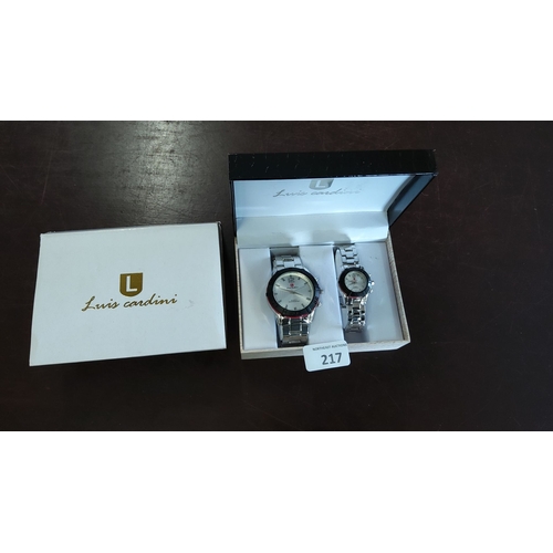 217 - Luis Cardini matched watch set in original box, featuring stainless steel bracelets and quartz movem... 