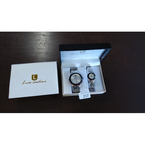 217 - Luis Cardini matched watch set in original box, featuring stainless steel bracelets and quartz movem... 