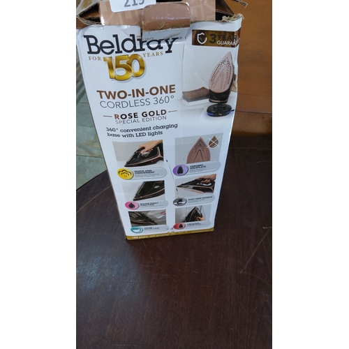 219 - Beldray Two-In-One Cordless 360° Rose Gold Special Edition steam iron. Features 2600W power, ceramic... 