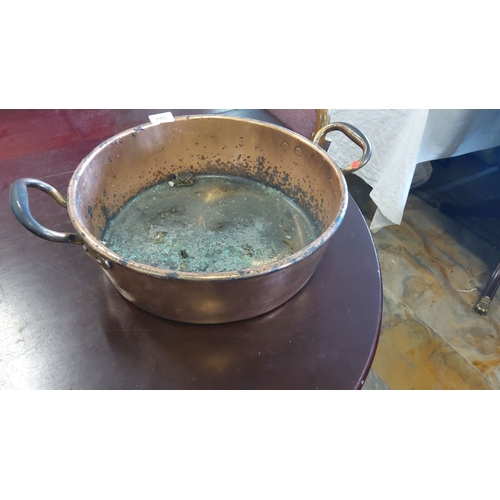 245 - Antique copper cooking/preserve pot with brass handles. Patinated interior, likely from early 20th c... 